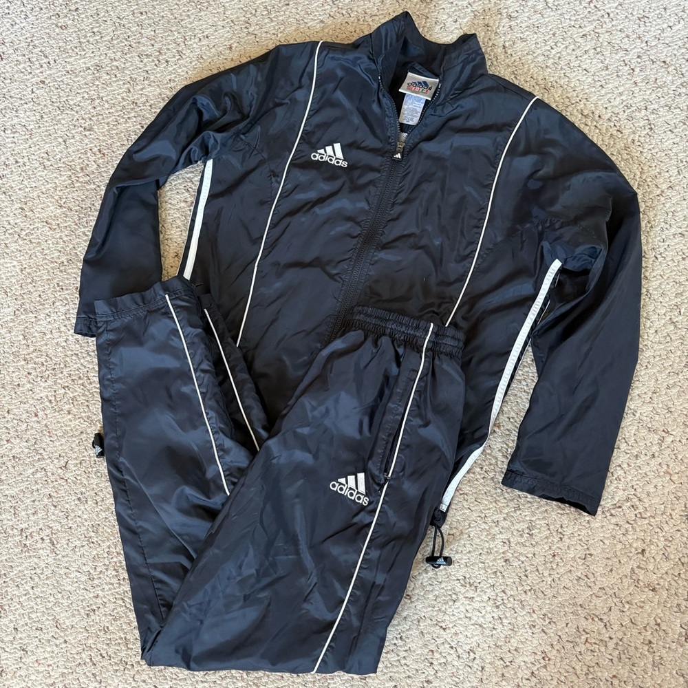 Vintage 90s Adidas Black White Stripe Windbreaker Jacket Pants Tracksuit Sz M